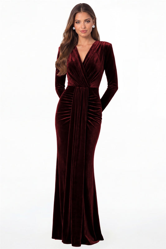Burgundy V-Neck Long Sleeve Velvet Ruched Maxi Gown - Front View