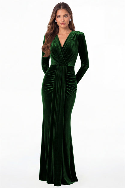 Emerald Green V-Neck Long Sleeve Velvet Ruched Maxi Gown - Front View