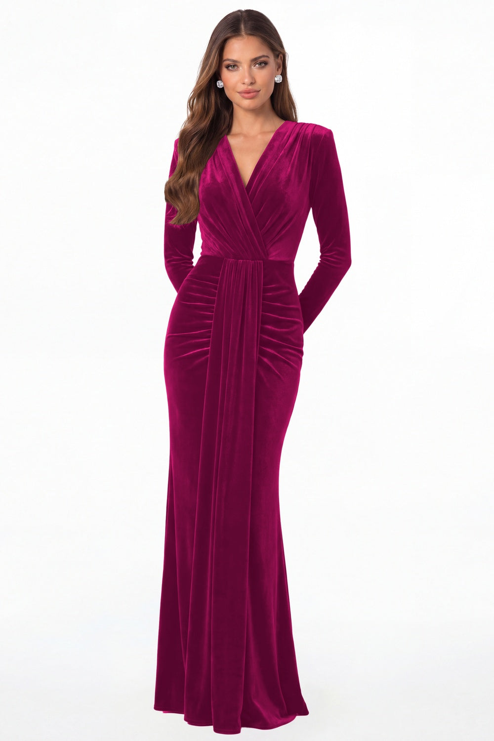 Fuchsia V-Neck Long Sleeve Velvet Ruched Maxi Gown - Front View