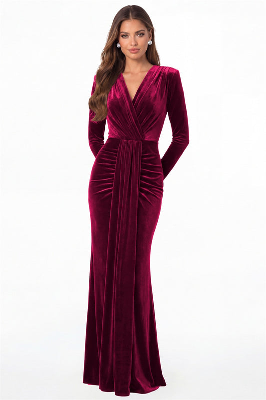 Fuchsia V-Neck Long Sleeve Velvet Ruched Maxi Gown - Front View