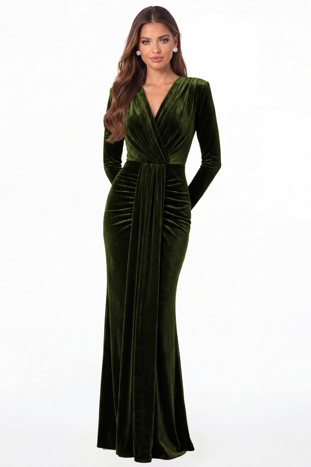 Olive Green V-Neck Long Sleeve Velvet Ruched Maxi Gown - Front View
