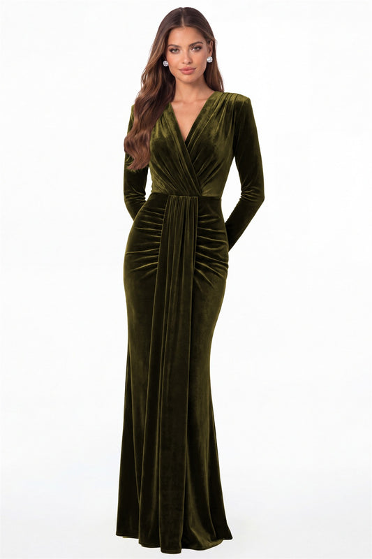 Olive Green V-Neck Long Sleeve Velvet Ruched Maxi Gown - Front View