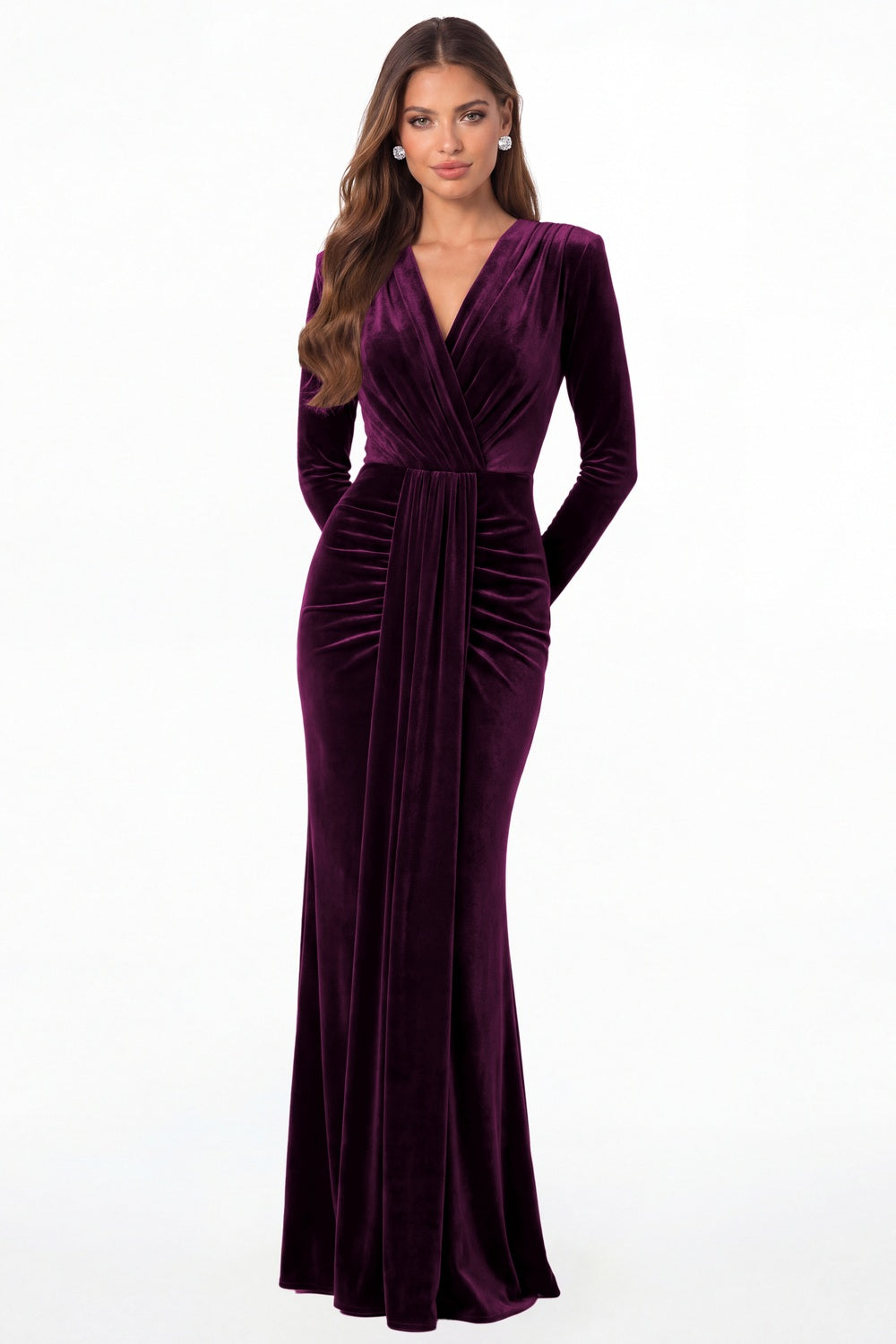 Plum V-Neck Long Sleeve Velvet Ruched Maxi Gown - Front View