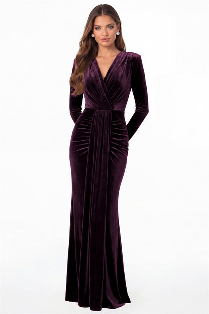 Plum V-Neck Long Sleeve Velvet Ruched Maxi Gown - Front View