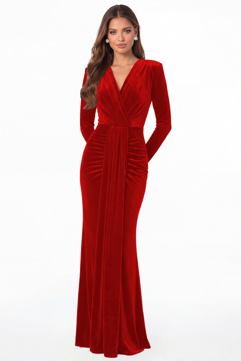 Red V-Neck Long Sleeve Velvet Ruched Maxi Gown - Front View