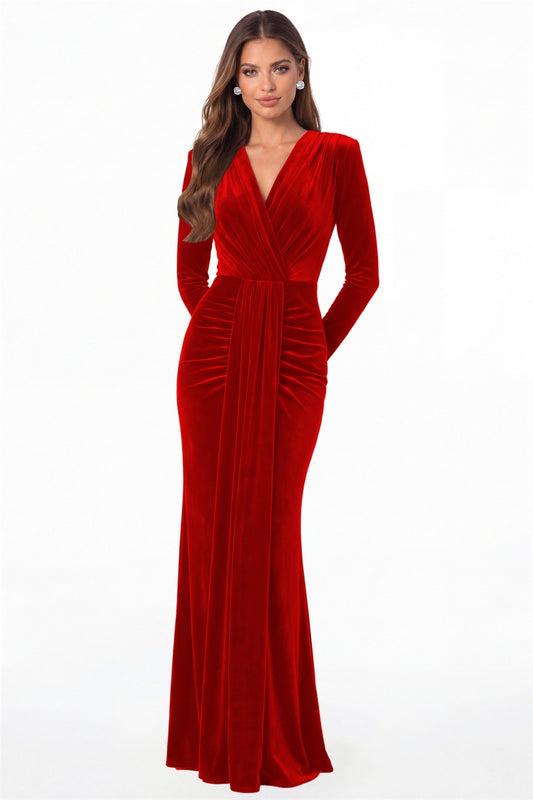 Red V-Neck Long Sleeve Velvet Ruched Maxi Gown - Front View
