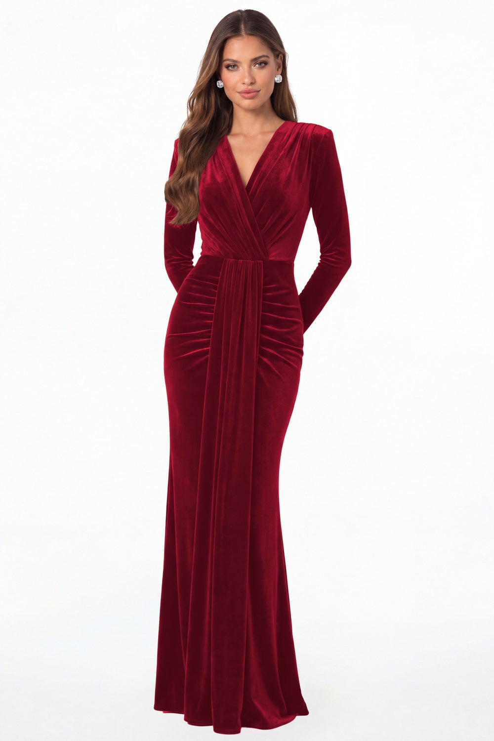 Wine Red V-Neck Long Sleeve Velvet Ruched Maxi Gown - Front View
