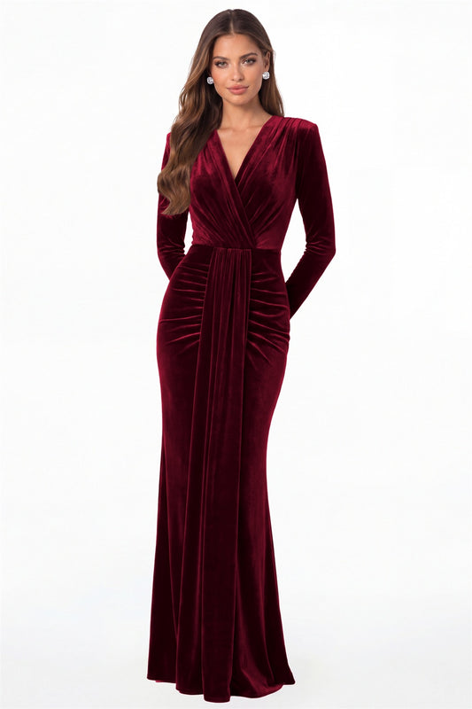 Wine Red V-Neck Long Sleeve Velvet Ruched Maxi Gown - Front View