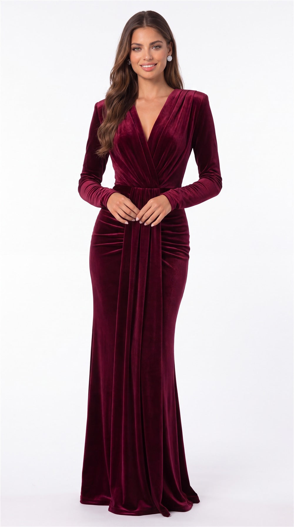 V-Neck Long Sleeve Velvet Ruched Maxi Gown - Back View