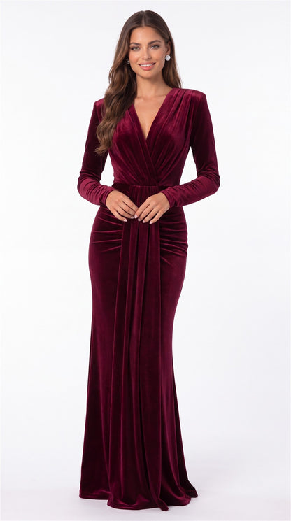 V-Neck Long Sleeve Velvet Ruched Maxi Gown - Back View