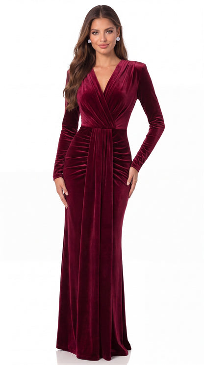 V-Neck Long Sleeve Velvet Ruched Maxi Gown - Detail View 1