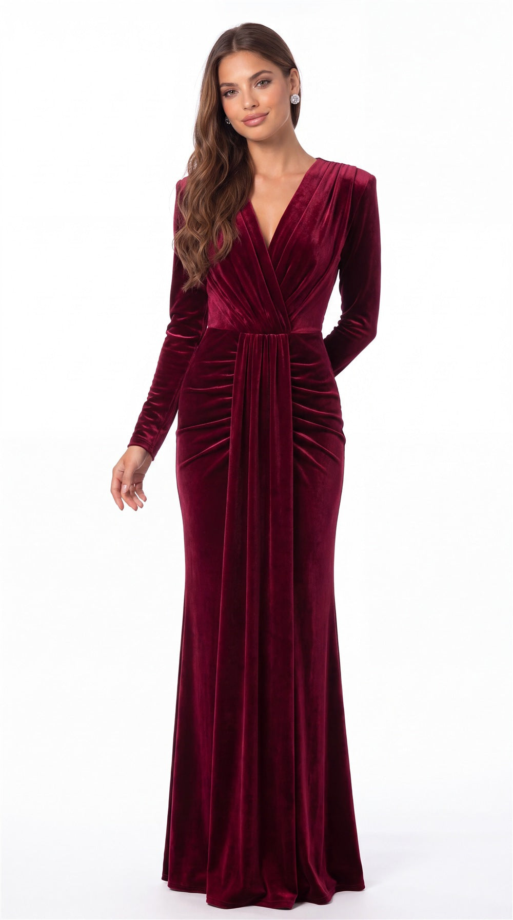V-Neck Long Sleeve Velvet Ruched Maxi Gown - Detail View 2