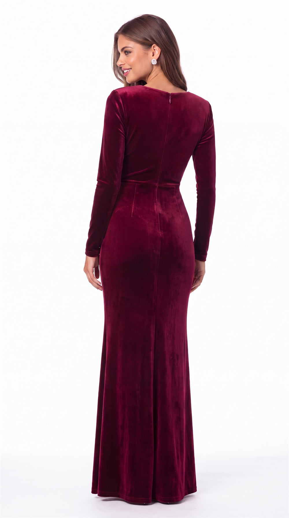 V-Neck Long Sleeve Velvet Ruched Maxi Gown - Detail View 3