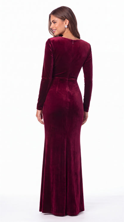 V-Neck Long Sleeve Velvet Ruched Maxi Gown - Detail View 3