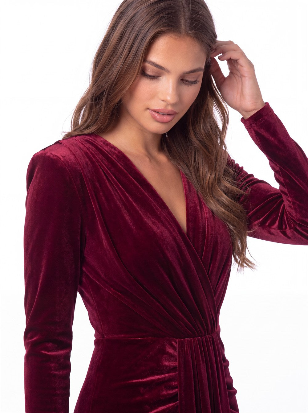 V-Neck Long Sleeve Velvet Ruched Maxi Gown - Detail View 4