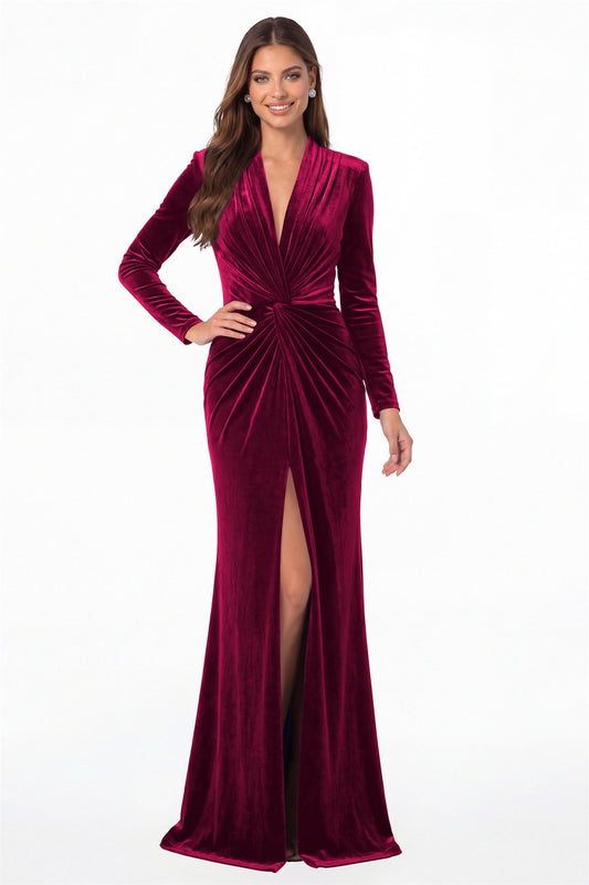 Fuchsia V-Neck Long Sleeve Velvet Knot Ruched Slit Maxi Gown - Front View