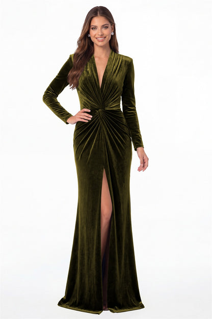 Olive Green V-Neck Long Sleeve Velvet Knot Ruched Slit Maxi Gown - Front View
