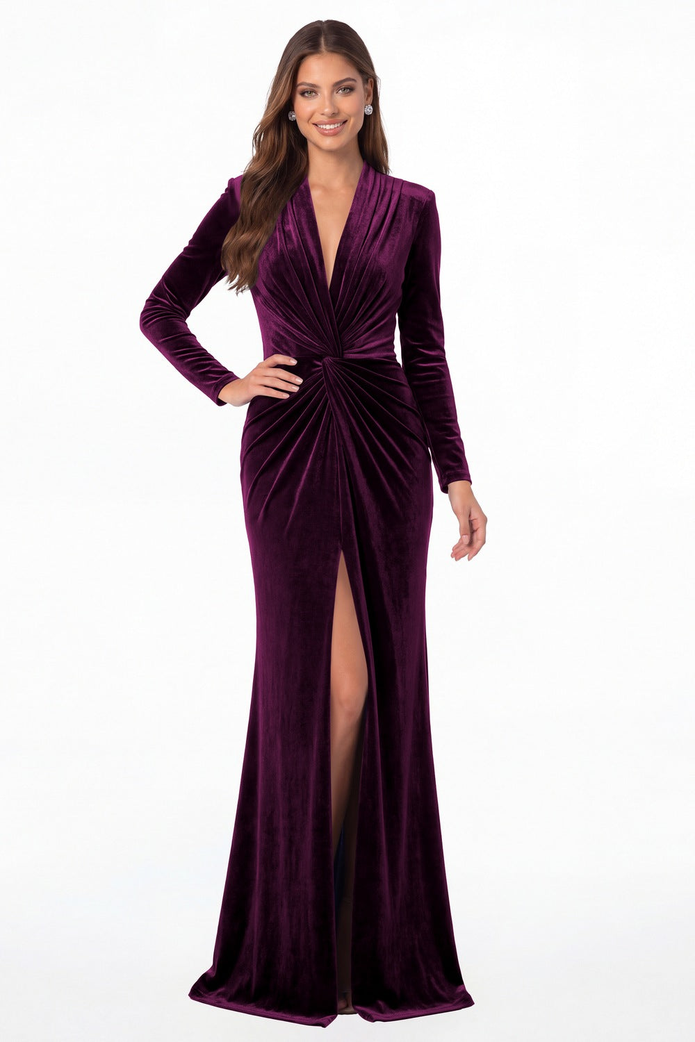 INEWER V-Neck Long Sleeve Velvet Knot Ruched Slit Maxi Gown