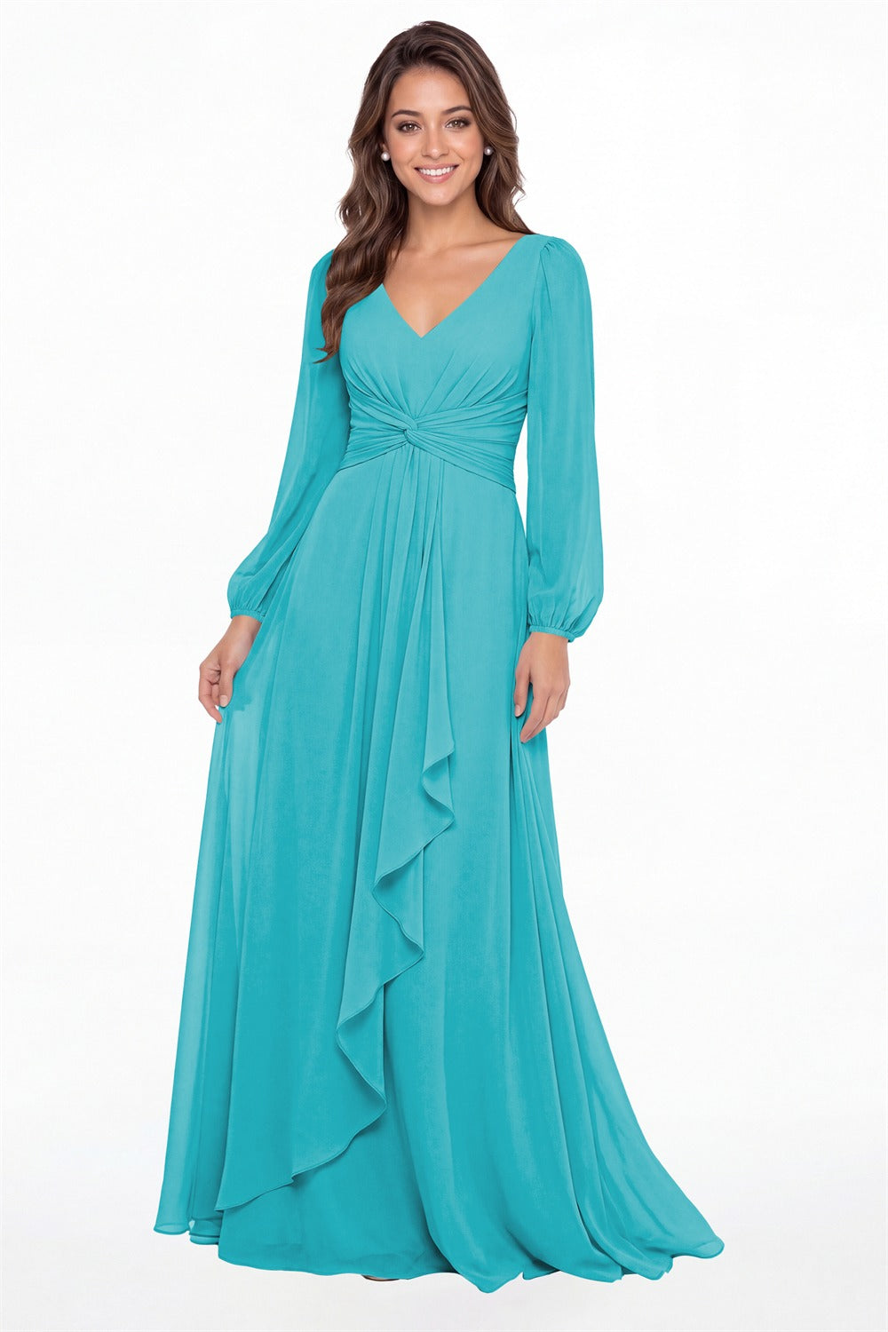 Aqua Blue V-Neck Long Sleeve Ruched Chiffon Ruffle Maxi Gown - Front View