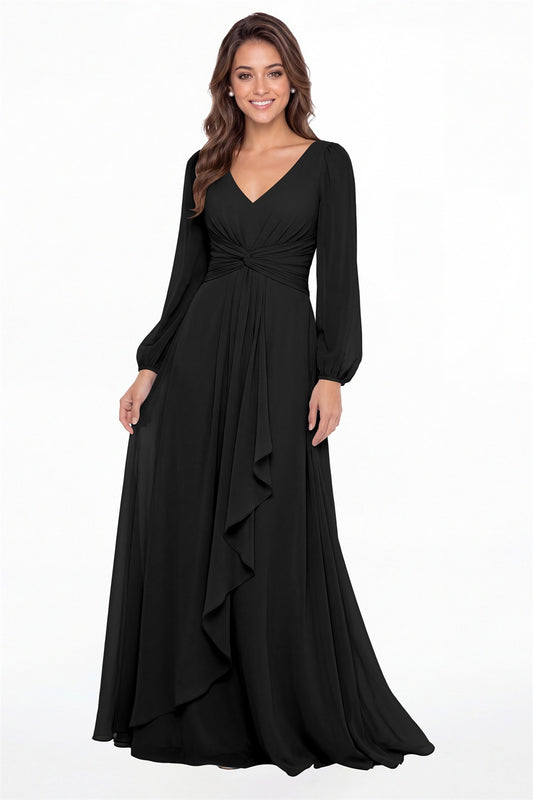 Black V-Neck Long Sleeve Ruched Chiffon Ruffle Maxi Gown - Front View