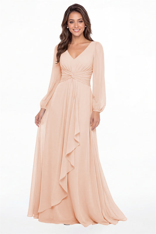 Blush Pink V-Neck Long Sleeve Ruched Chiffon Ruffle Maxi Gown - Front View