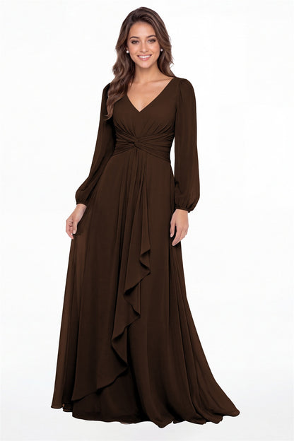 Brown V-Neck Long Sleeve Ruched Chiffon Ruffle Maxi Gown - Front View