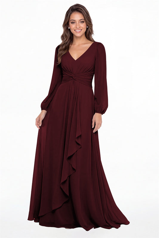 Burgundy V-Neck Long Sleeve Ruched Chiffon Ruffle Maxi Gown - Front View
