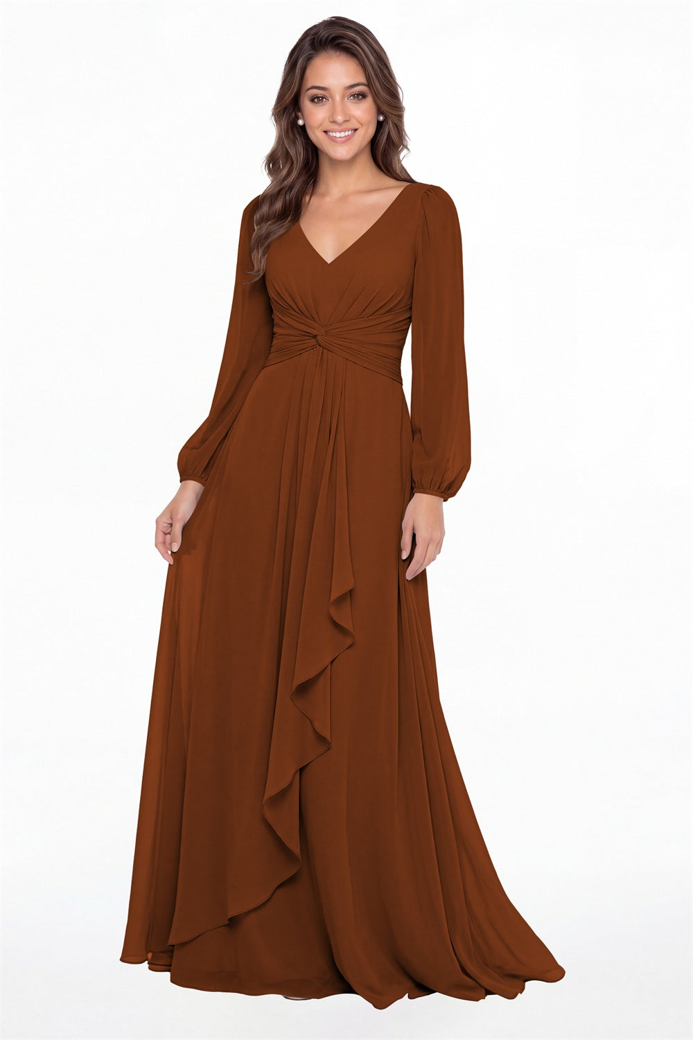 Burnt Orange V-Neck Long Sleeve Ruched Chiffon Ruffle Maxi Gown - Front View