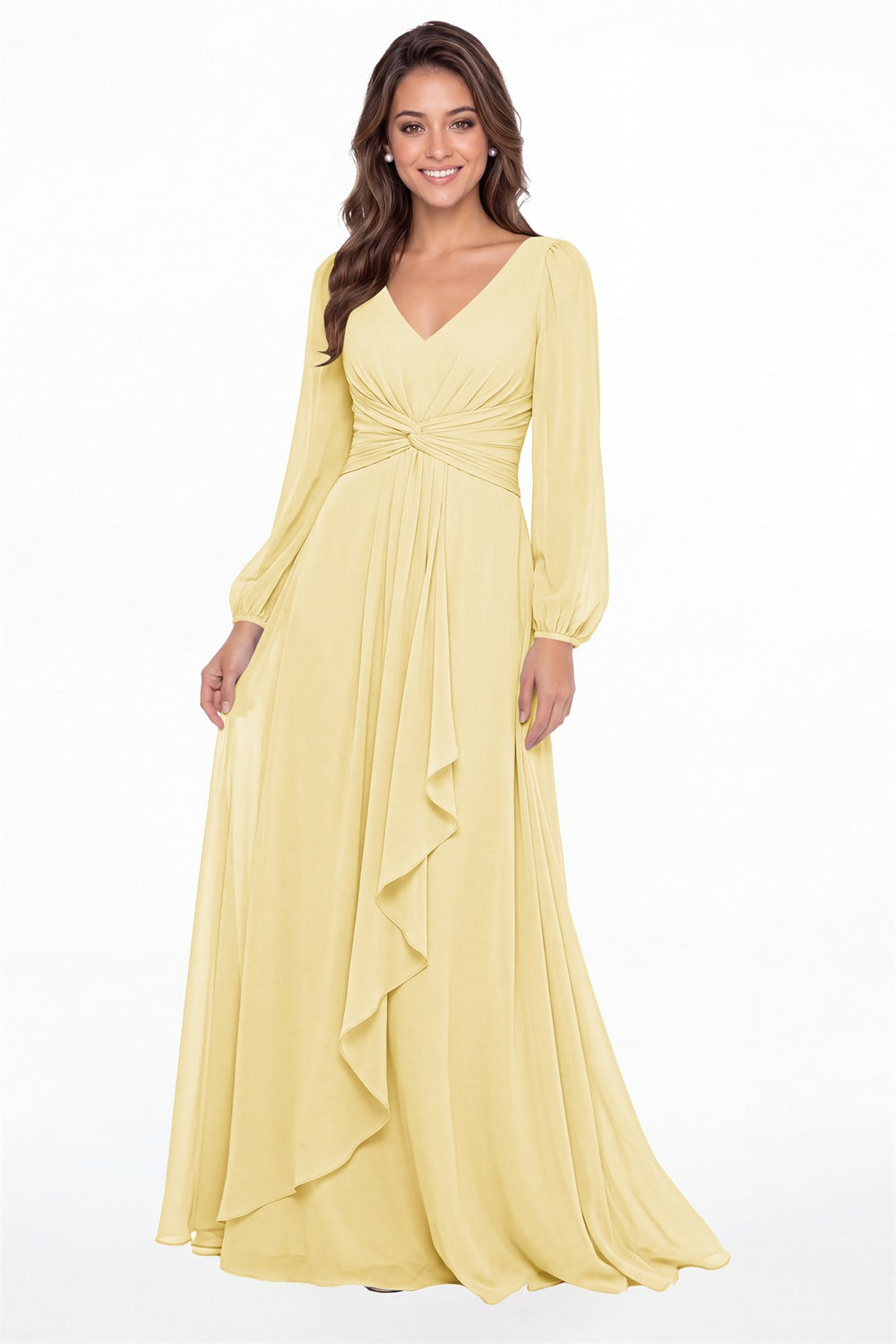 Butter Yellow V-Neck Long Sleeve Ruched Chiffon Ruffle Maxi Gown - Front View