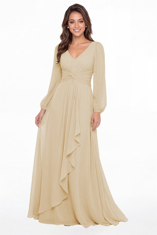Champagne V-Neck Long Sleeve Ruched Chiffon Ruffle Maxi Gown - Front View