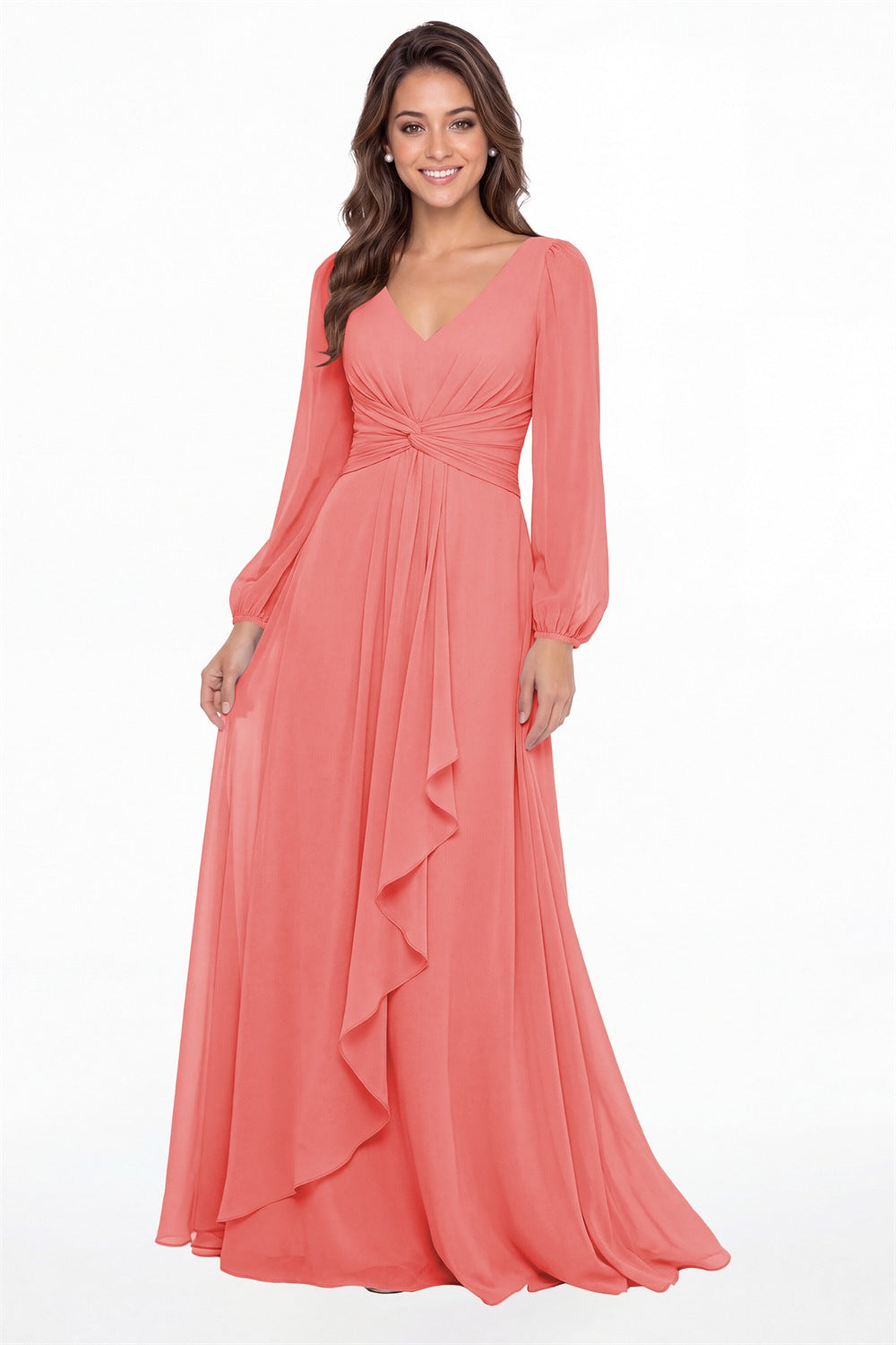 Coral V-Neck Long Sleeve Ruched Chiffon Ruffle Maxi Gown - Front View
