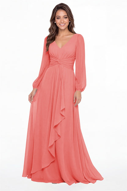 Coral V-Neck Long Sleeve Ruched Chiffon Ruffle Maxi Gown - Front View