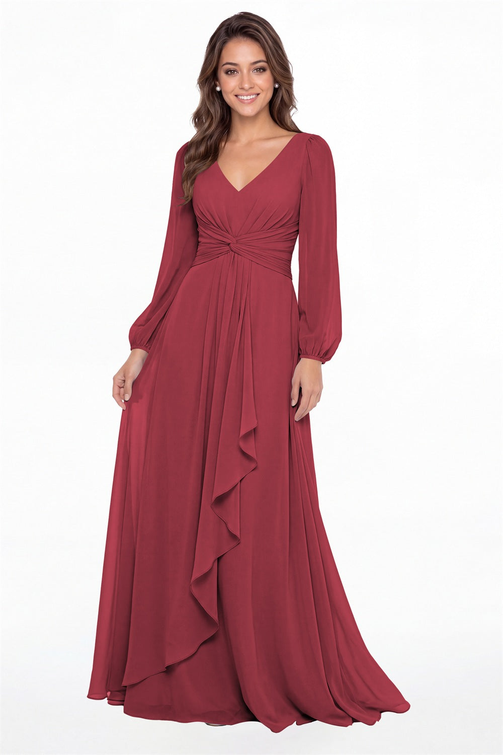 Desert Rose V-Neck Long Sleeve Ruched Chiffon Ruffle Maxi Gown - Front View