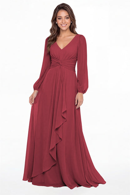 Desert Rose V-Neck Long Sleeve Ruched Chiffon Ruffle Maxi Gown - Front View