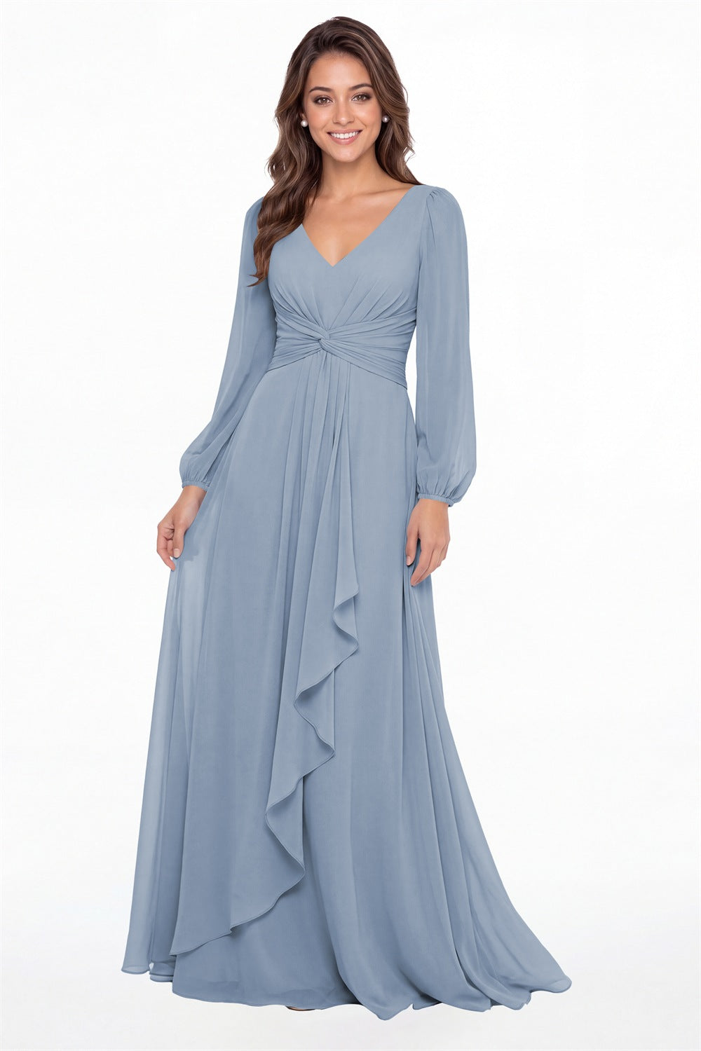 Dusty Blue V-Neck Long Sleeve Ruched Chiffon Ruffle Maxi Gown - Front View