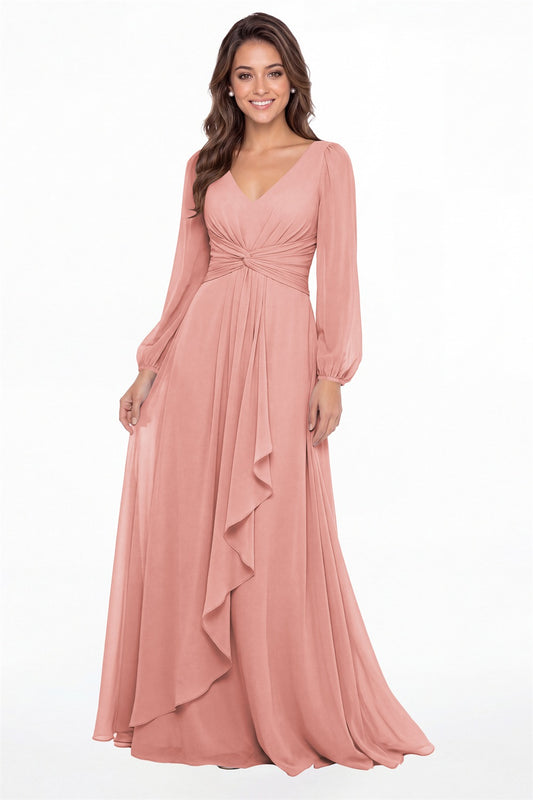 Dusty Rose V-Neck Long Sleeve Ruched Chiffon Ruffle Maxi Gown - Front View