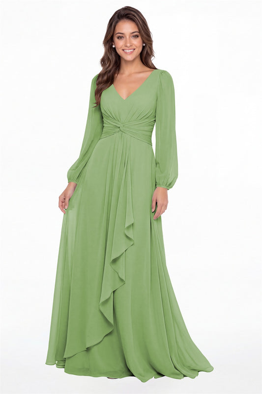 Dusty Sage V-Neck Long Sleeve Ruched Chiffon Ruffle Maxi Gown - Front View