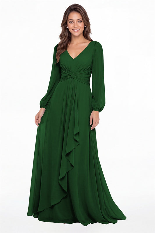 Emerald Green V-Neck Long Sleeve Ruched Chiffon Ruffle Maxi Gown - Front View
