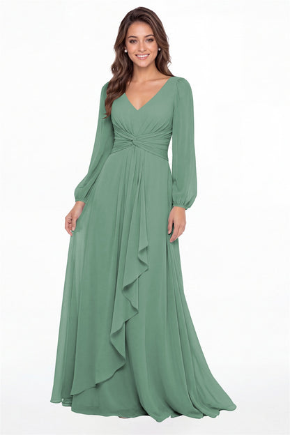 Eucalyptus V-Neck Long Sleeve Ruched Chiffon Ruffle Maxi Gown - Front View