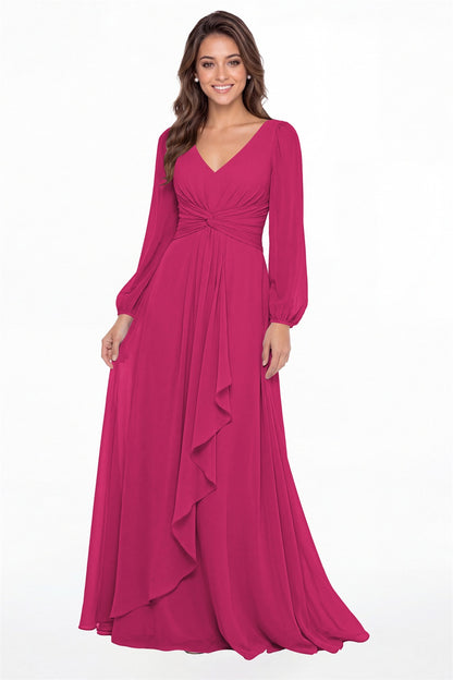 Fuchsia V-Neck Long Sleeve Ruched Chiffon Ruffle Maxi Gown - Front View