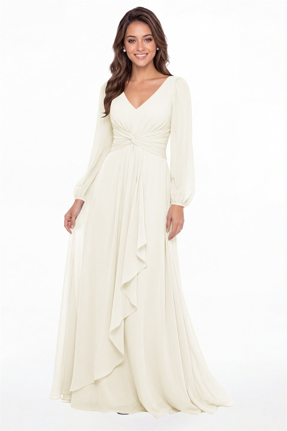 Ivory V-Neck Long Sleeve Ruched Chiffon Ruffle Maxi Gown - Front View