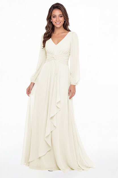 Ivory V-Neck Long Sleeve Ruched Chiffon Ruffle Maxi Gown - Front View