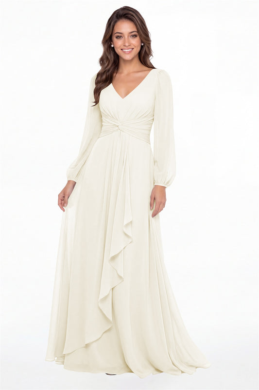 Ivory V-Neck Long Sleeve Ruched Chiffon Ruffle Maxi Gown - Front View
