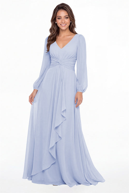 Lavender V-Neck Long Sleeve Ruched Chiffon Ruffle Maxi Gown - Front View
