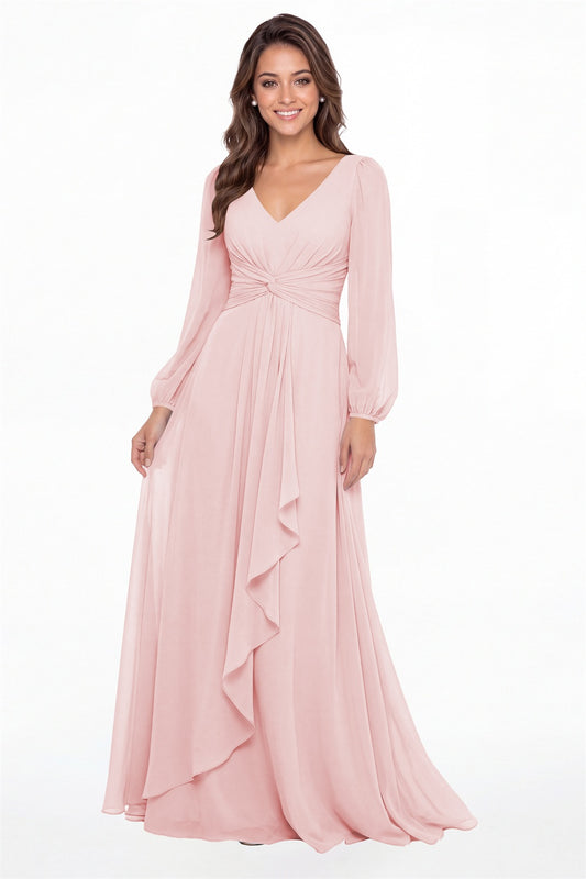 Light Pink V-Neck Long Sleeve Ruched Chiffon Ruffle Maxi Gown - Front View