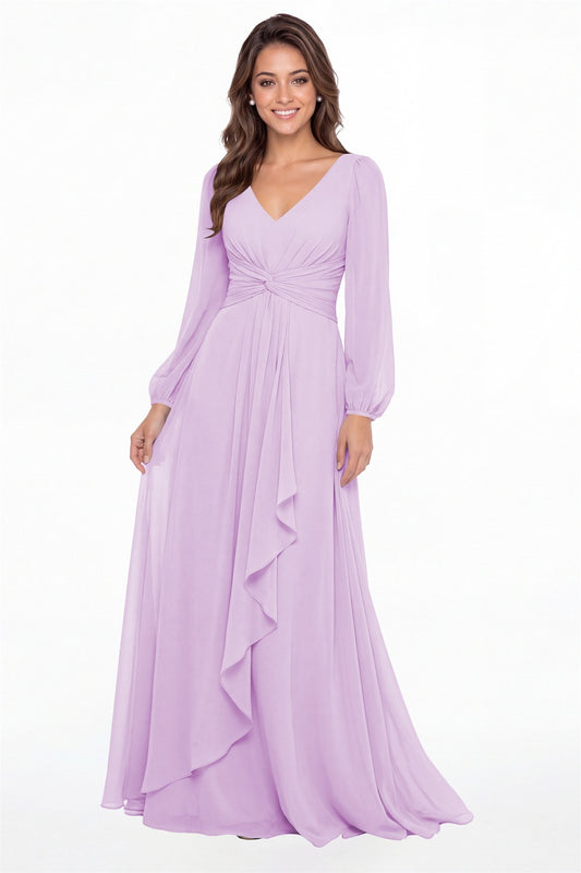 Lilac V-Neck Long Sleeve Ruched Chiffon Ruffle Maxi Gown - Front View