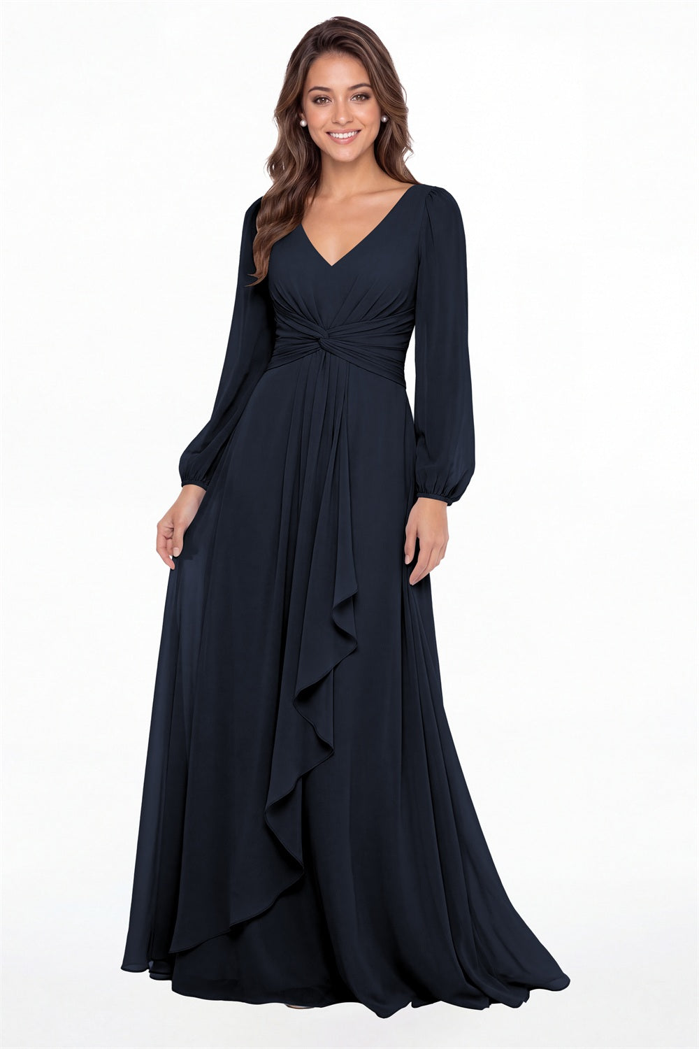 Navy Blue V-Neck Long Sleeve Ruched Chiffon Ruffle Maxi Gown - Front View