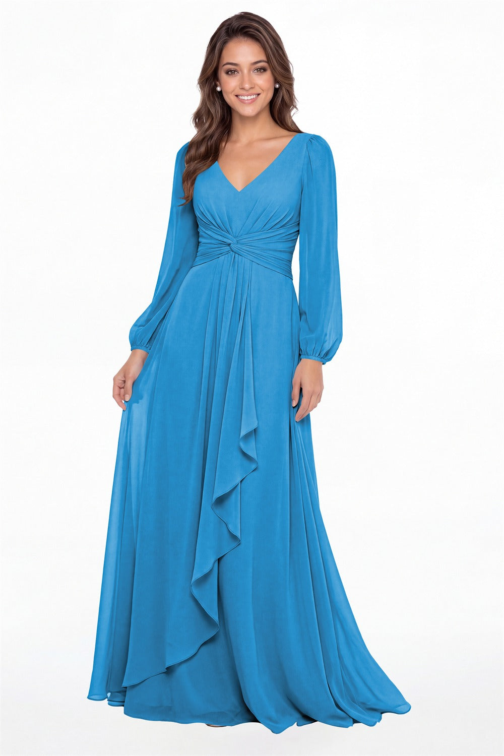 Ocean Blue V-Neck Long Sleeve Ruched Chiffon Ruffle Maxi Gown - Front View