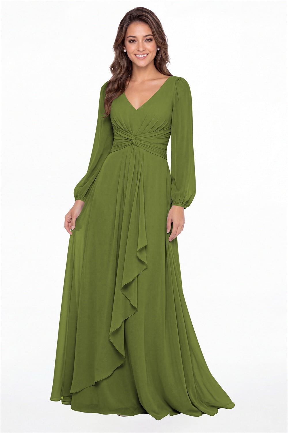 Olive Green V-Neck Long Sleeve Ruched Chiffon Ruffle Maxi Gown - Front View