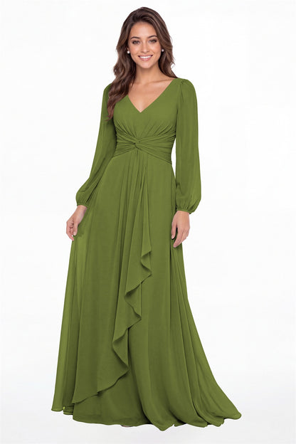 Olive Green V-Neck Long Sleeve Ruched Chiffon Ruffle Maxi Gown - Front View